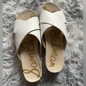 Sam Edelman white flip flops on small platform